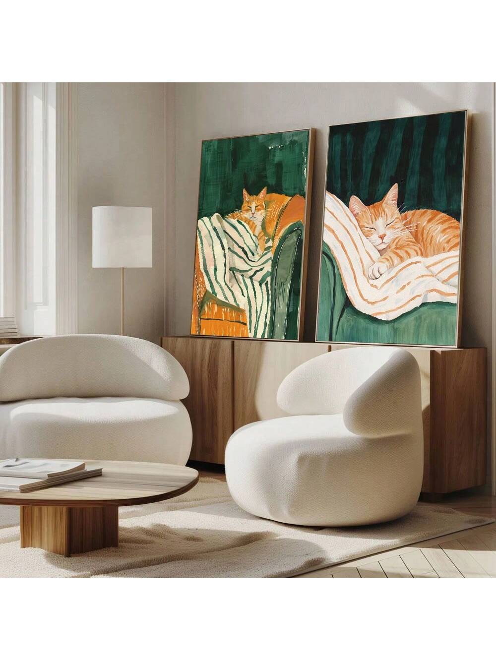 Enhance your modern home decor with this set of two unframed dark green minimalist cat art posters. These eye-catching posters are perfect for adding a touch of sophistication and style to any room. Made with high-quality materials, these posters will elevate the look of your home while showcasing your love for cats.