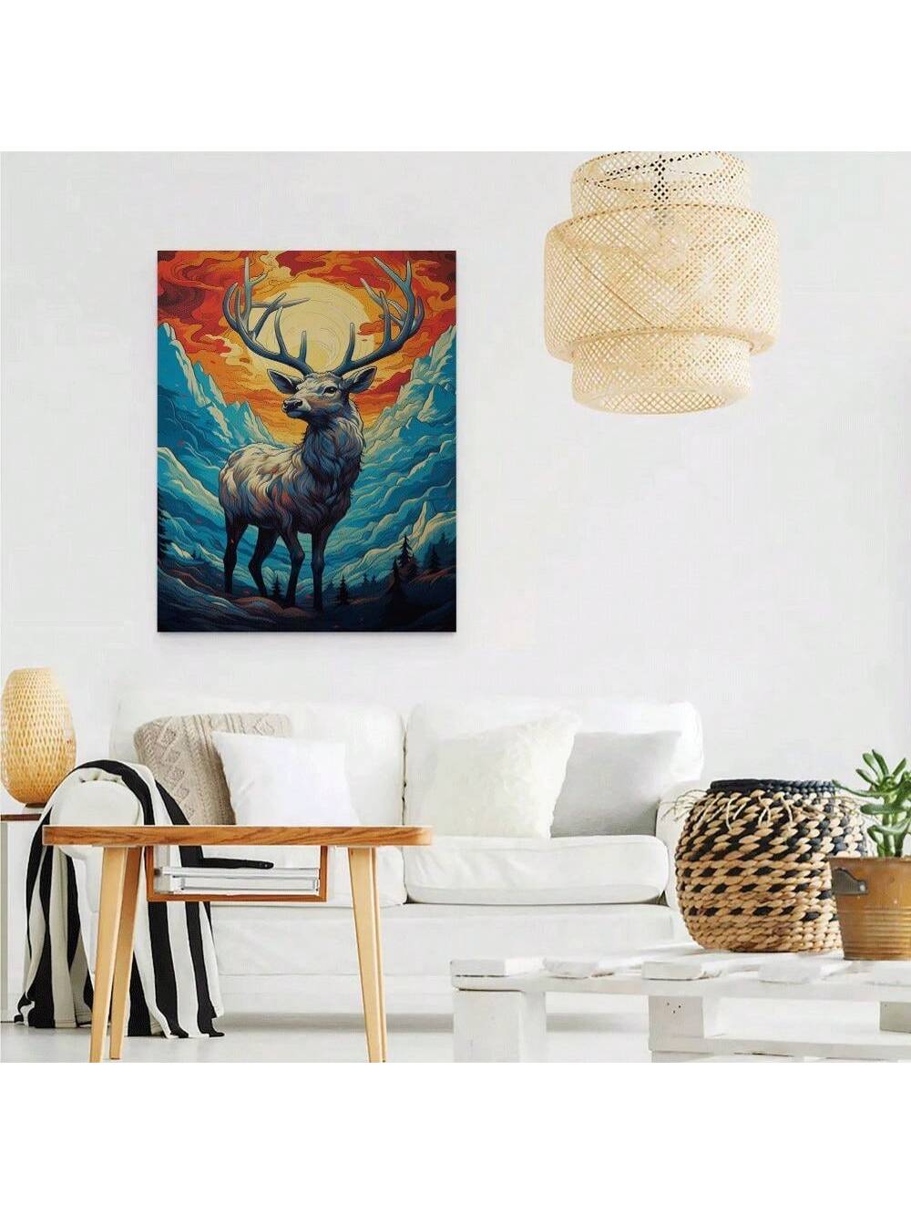 Experience the enchantment of nature with this vibrant wild deer oil painting. Perfect for every room, this stunning canvas art brings the beauty of a sunset to life. Bring a touch of the outdoors into your home and transform any space into a peaceful, natural oasis.