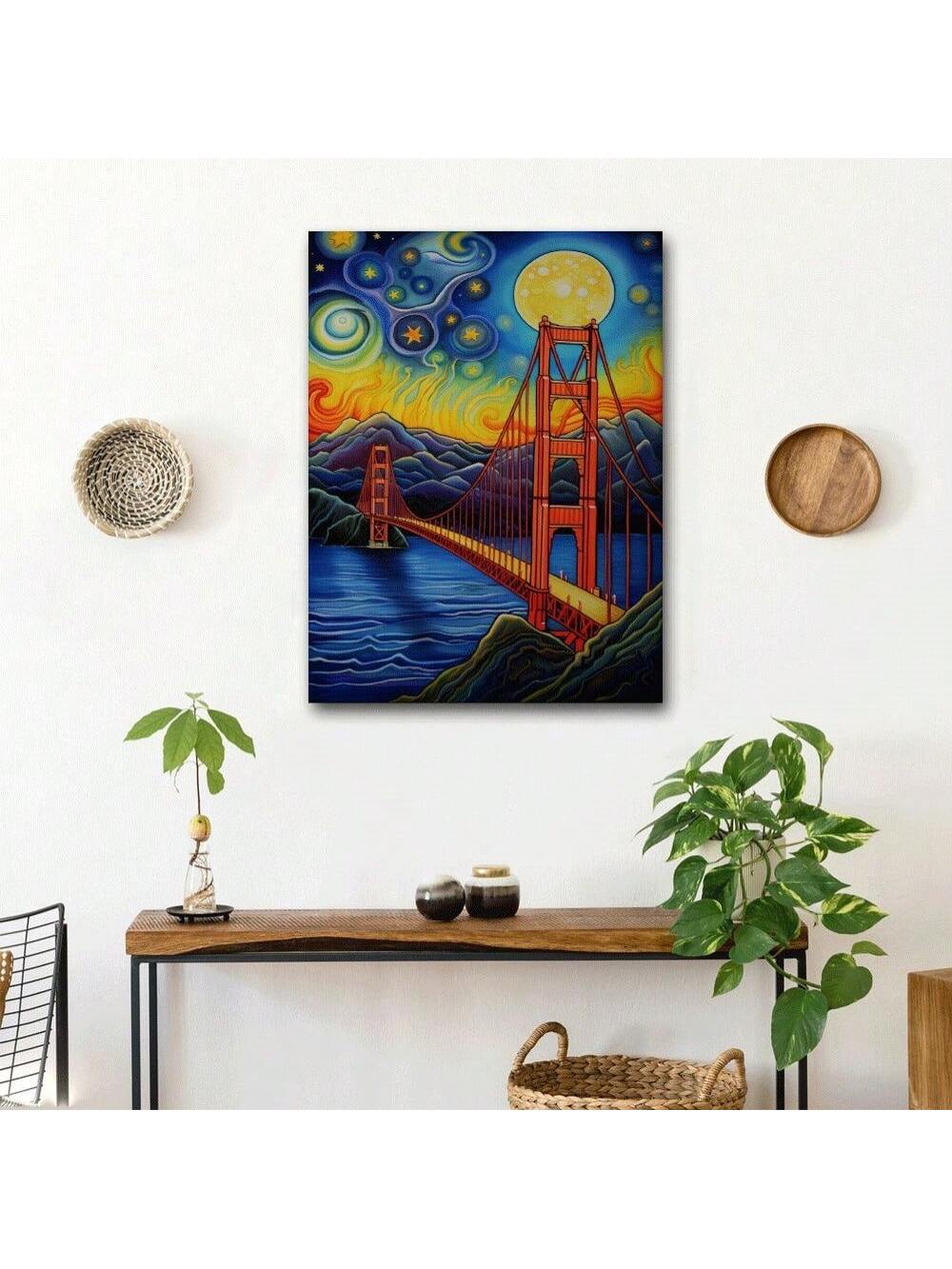 Experience the peaceful beauty of the Golden Gate Bridge with our Golden Gate Serenity: Framed Canvas Oil Painting. This modern abstract watercolor cityscape captures the iconic bridge in a unique and stunning way. Bring a touch of tranquility and sophistication to any room with this elegant piece of art.