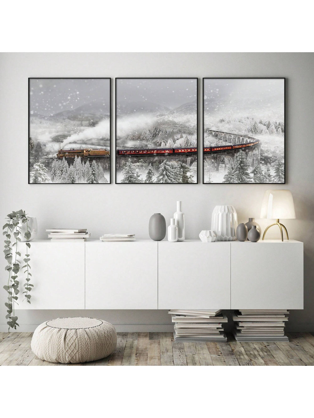 Enhance your holiday decor with this charming winter train canvas art set. Featuring 3 rustic snowscape prints, this unframed canvas poster set captures the magic and charm of the winter season. Bring a touch of nostalgia and warmth to any room with this beautiful and expertly crafted artwork.