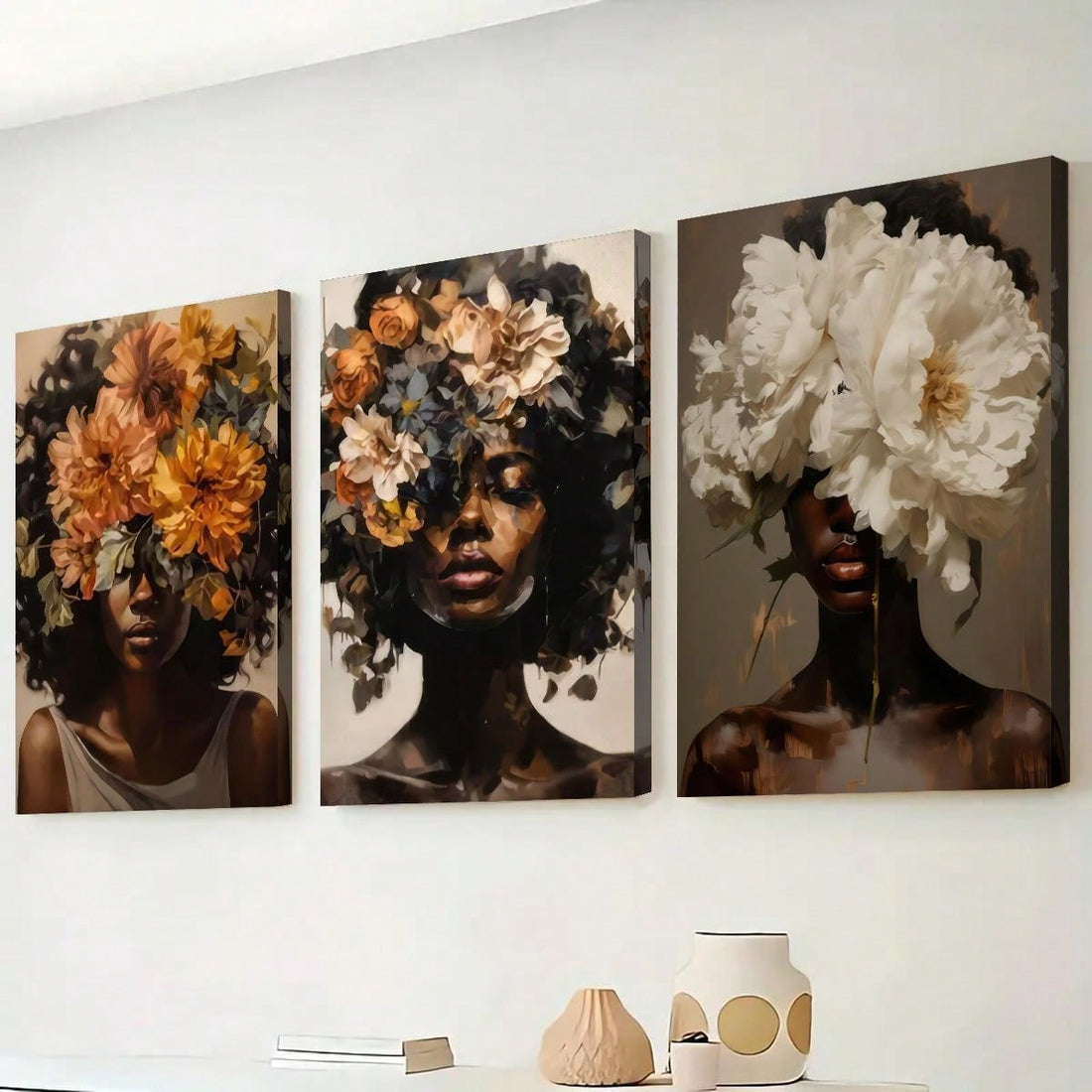 Introduce elegance into your home decor with our 3-piece canvas art set. Featuring vibrant African American women adorned in floral headdresses, this set adds a touch of culture and beauty to any room. Elevate your interior design with this unique and eye-catching piece.