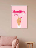 Pink manifestation quote poster displayed in a modern living room