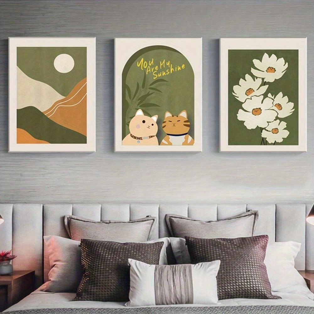 Transform your walls with the Bohemian Bliss: 3-Piece Modern Flower &amp; Cartoon Cat Canvas Wall Art Set. Featuring vibrant flowers and playful cartoon cats, this wall art set adds a fun and modern touch to any room. Each canvas is made with high-quality materials, ensuring long-lasting beauty and style.