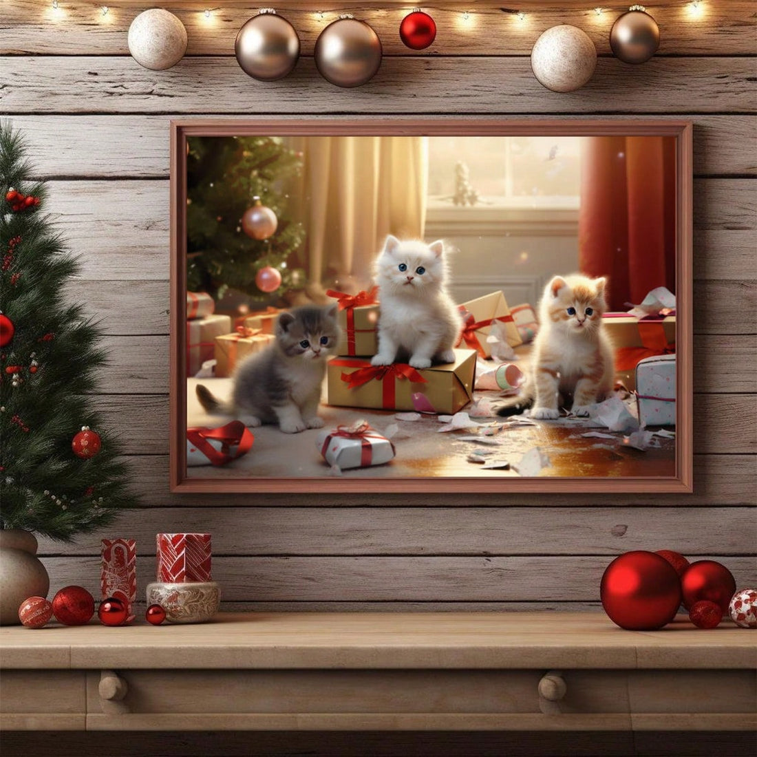 Experience the magic of the holiday season with our Festive Feline Delight Christmas Cat Canvas Artwork. This whimsical and adorable piece adds a touch of charm to your holiday home decor. Made with high-quality canvas, this artwork is a perfect addition to your festive collection.