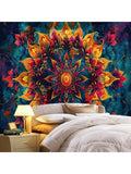 Elegant printed textile tapestry shown as large living room wall decor