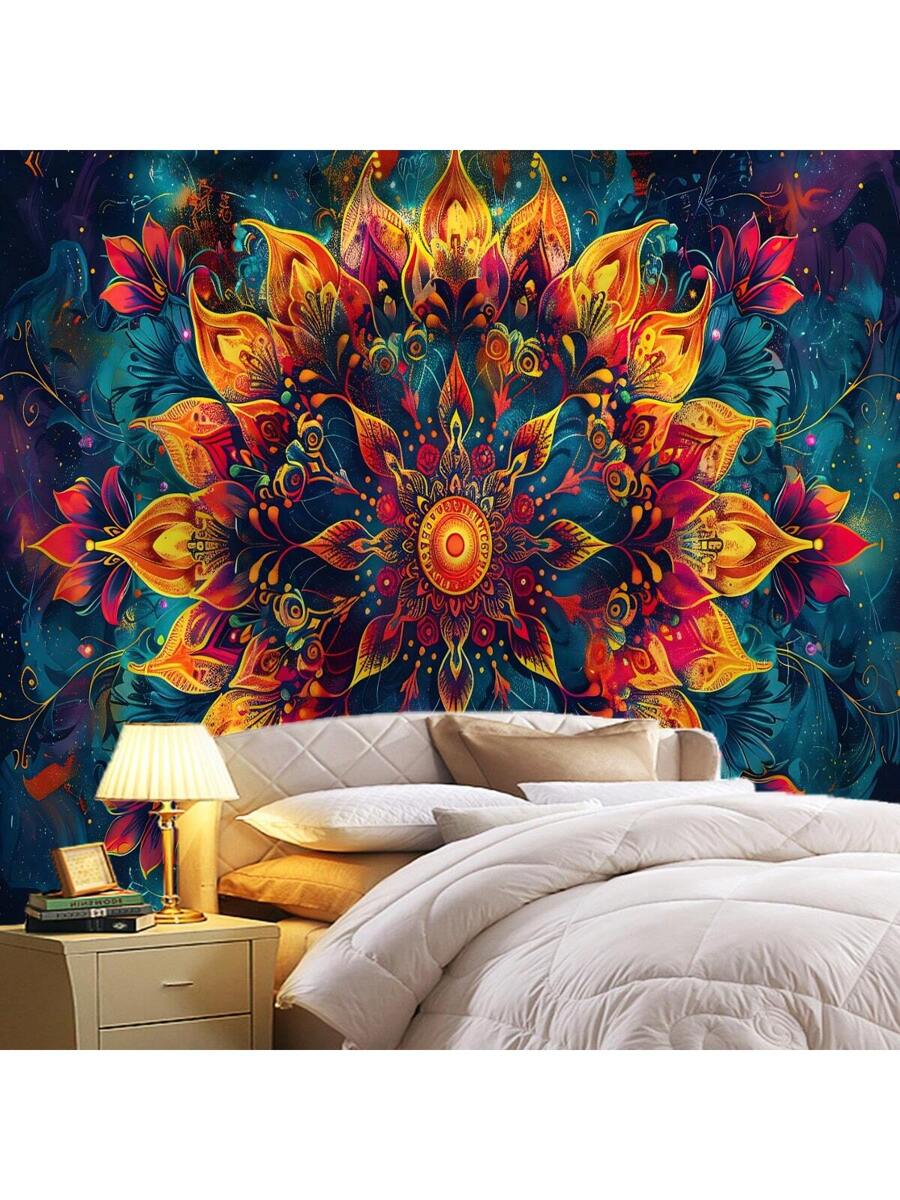 Elegant printed textile tapestry shown as large living room wall decor