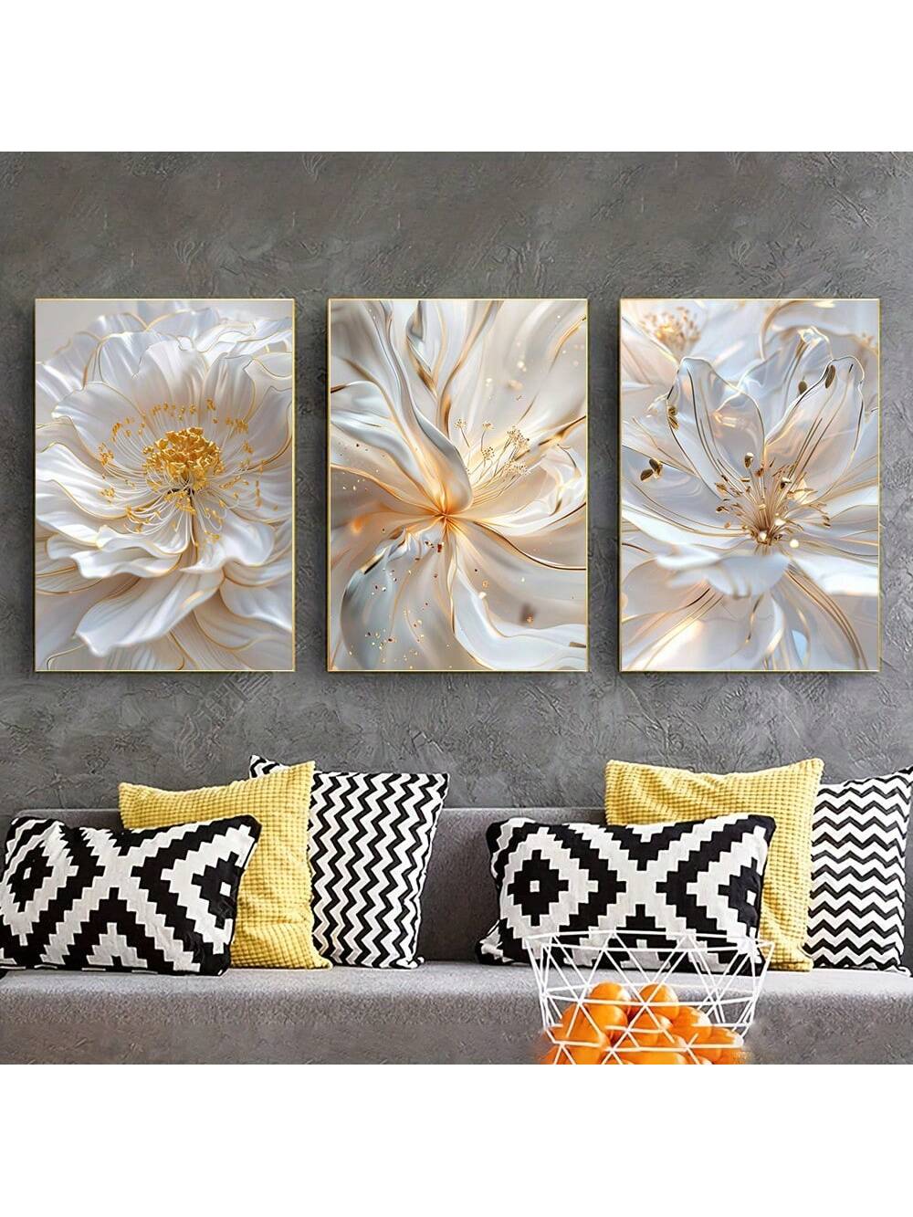 Enhance your modern home décor with our Elegant Frameless Golden Leaf Stamen Canvas Art. This 3-piece set features a stunning design of golden leaves, adding a touch of elegance to any room. With no frame, the art seamlessly blends with your wall for a sleek look.