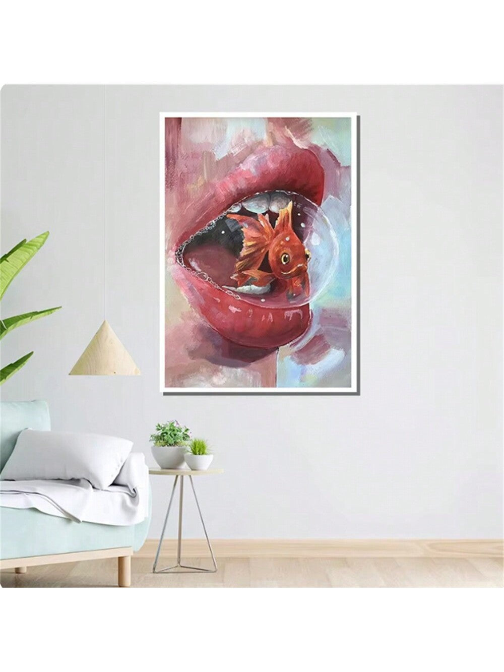 Add a touch of whimsy to your living room with this surreal canvas art print of a goldfish in a mouth. Perfect for decorating your sofa backdrop or bedside with a unique touch. Expand your home decor with this charming piece, frame not included.