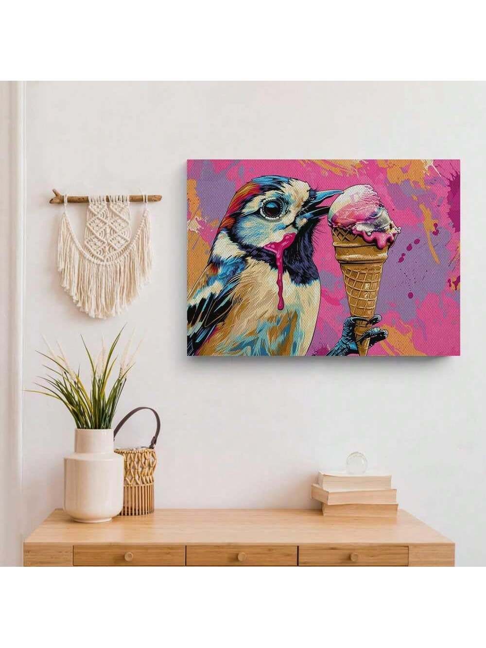 Add a whimsical touch to your home with our Charming Songbird Ice Cream Canvas Art. Perfect for any space, this framed canvas poster adds a touch of charm and playfulness. Brighten up your decor and bring a smile to your face with this delightful piece.