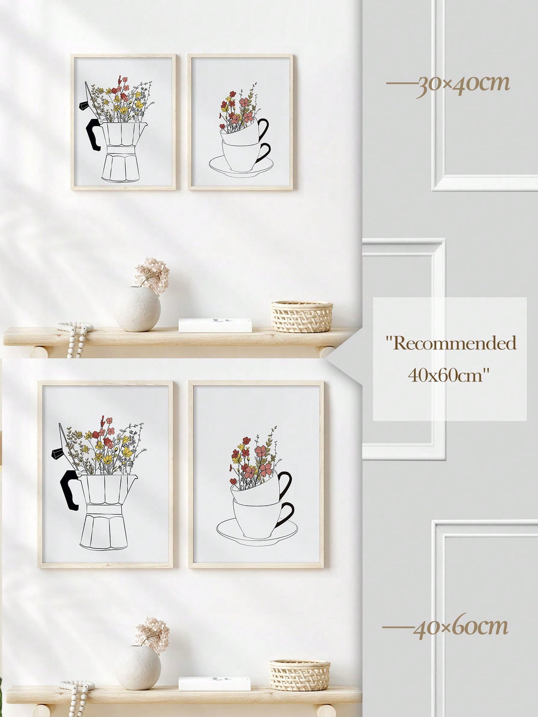 Elevate the charm of your cozy space with this Charming Coffee &amp; Floral Canvas Art - 2-Piece Nordic Poster Set. Expertly crafted with a touch of Nordic aesthetic, these posters feature charming coffee and floral designs that will add an inviting and warm atmosphere to your room. Perfect for coffee lovers and art enthusiasts alike.