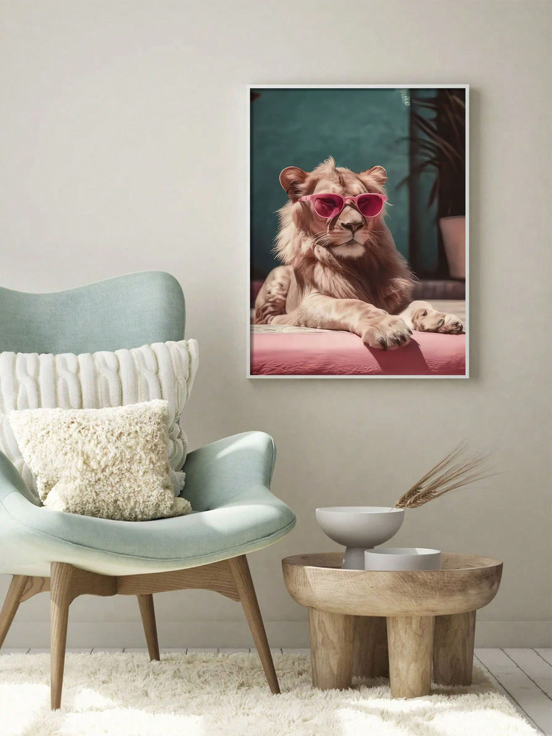 Add a pop of personality to your space with this chic canvas art featuring a cool lion wearing pink sunglasses. Its unique design makes it the perfect wall décor for your home or a thoughtful gift for any occasion. Versatile for any room, it's a great addition to your living room, sofa backdrop, or bedside decoration. Frame not included.