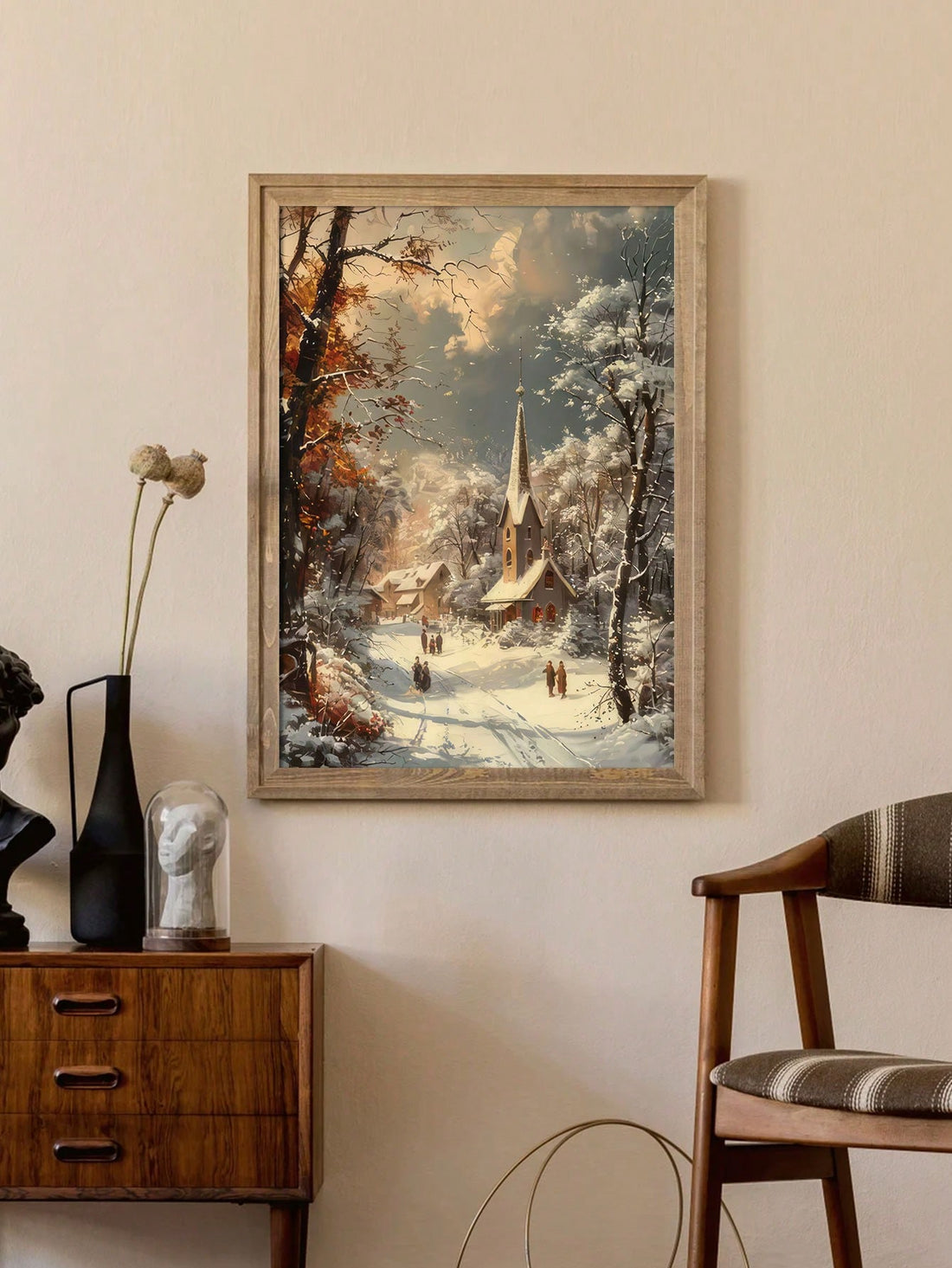 Capture the warmth of a traditional winter holiday with this charming canvas wall art depicting a snow-blanketed village scene. The rustic aesthetic brings nostalgic appeal to any room, evoking the peaceful beauty of classic Christmas imagery. Rendered in soft, muted tones, this unframed piece complements both contemporary and traditional interiors. Ideal for living rooms, bedrooms, or entryways, it transforms your space into a cozy seasonal retreat.
