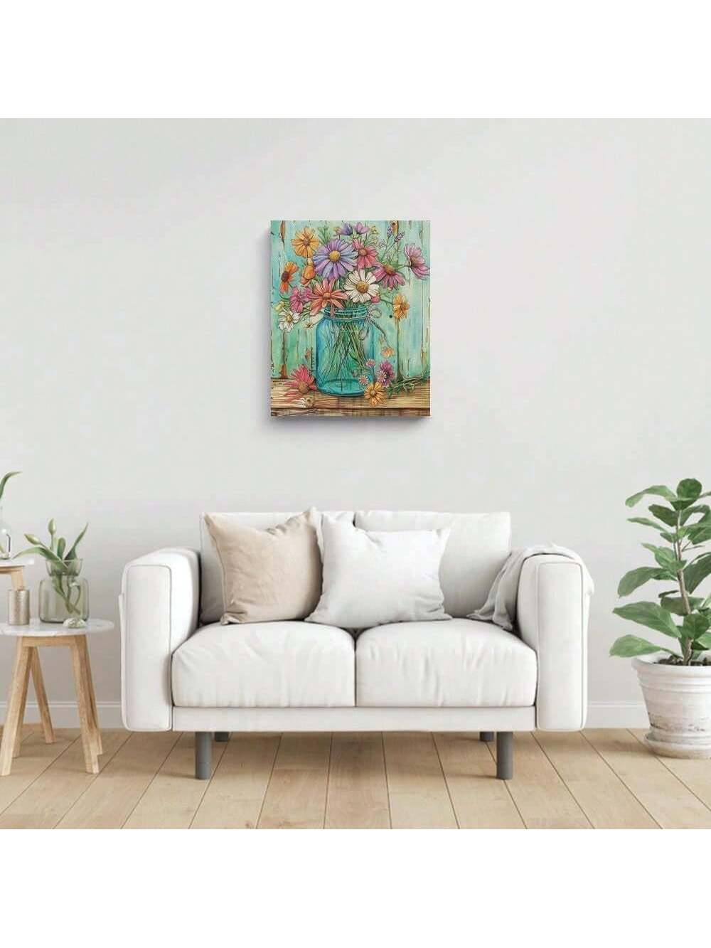 Compliment your home decor with our Vintage Framed Mason Jar Flowers Canvas Wall Art. This abstract piece adds a touch of vintage charm to any space. Made with high-quality materials, it's the perfect addition to any room.