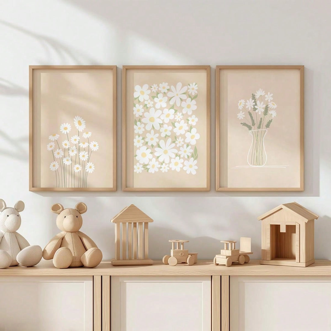 Designed for the minimalist home, the Boho Beige Daisies set includes three floral canvas art prints to add a touch of natural beauty to any space. The neutral beige and white color palette pairs well with any decor style, while the high-quality prints showcase the delicate details of the daisies. Elevate your home with these elegant and timeless pieces.