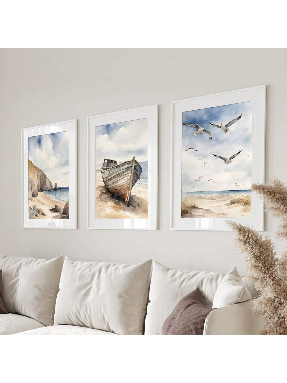 Coastal Serenity: 3-Piece Watercolor Wall Art Set Featuring Boats & Seagulls for Modern Home Decor