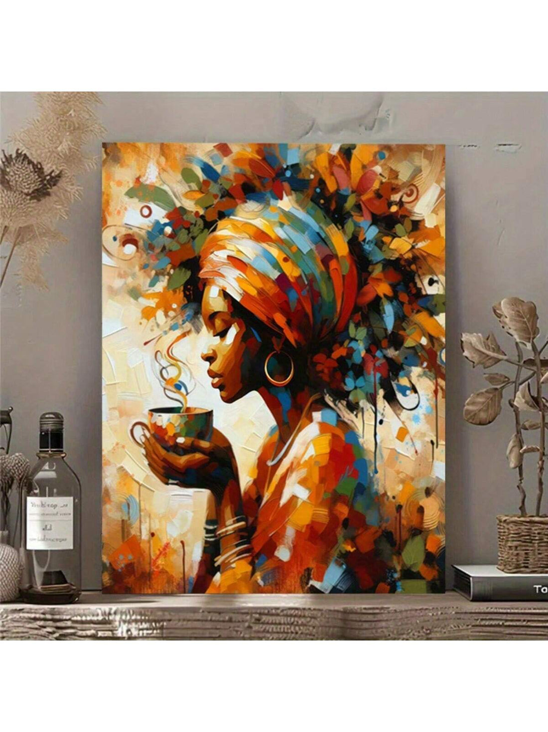 Enhance your space with this stunning abstract canvas art of an African woman enjoying a peaceful cup of coffee. Perfect for home, office, bedside decor, it adds a touch of chic and cultural sophistication to any room. No frame necessary. Add elegance and style to your surroundings with Coffee Moments.