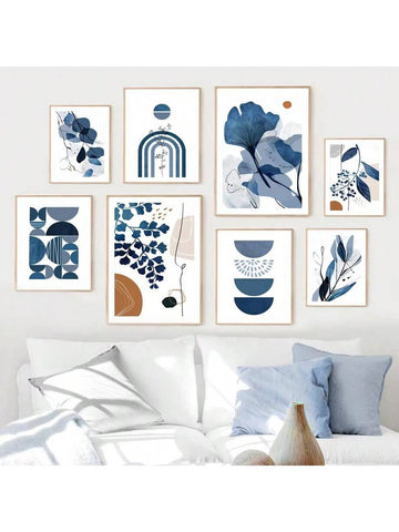 Boho Blue Abstract Leaves Wall Art: Modern Geometric Canvas Print for Stylish Home Décor