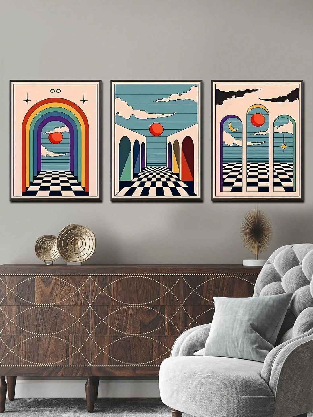 Colorful Dreams: Retro Rainbow Arch & Clouds Boho Canvas Art for Vibrant Home Decor