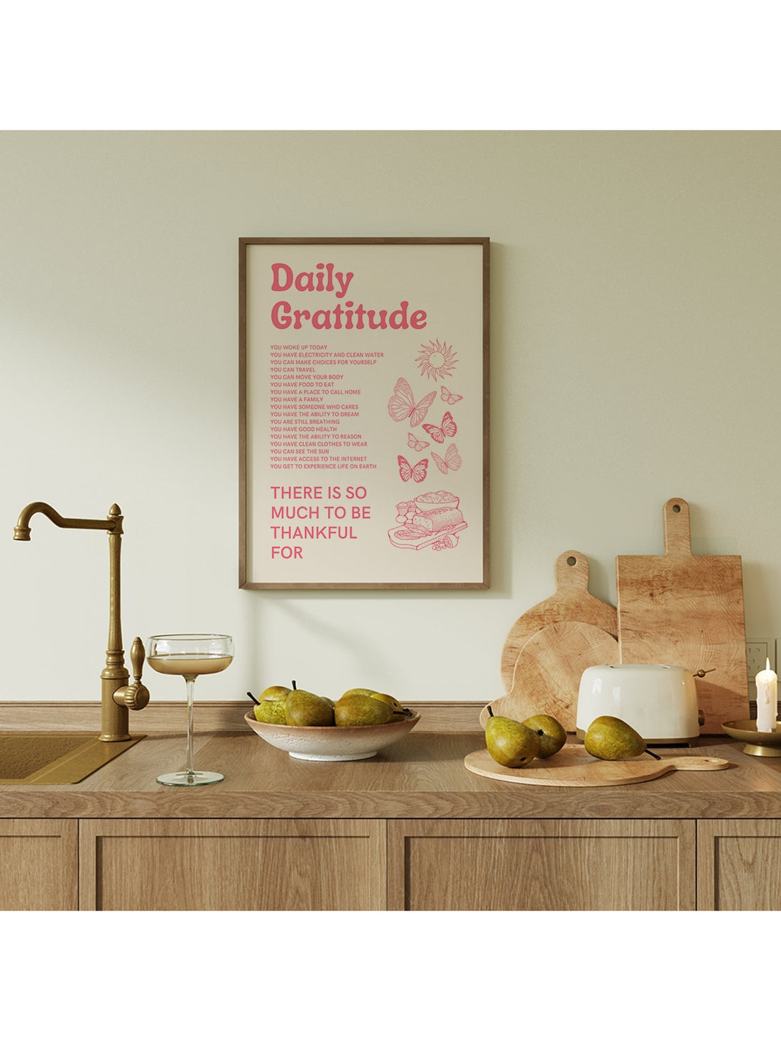 Transform your space with this charming vintage-inspired motivational poster featuring delicate sunflower and butterfly imagery in soft pink tones. Perfect for bedrooms, kitchens, or living areas, this aesthetic canvas art combines uplifting gratitude messaging with timeless botanical design.