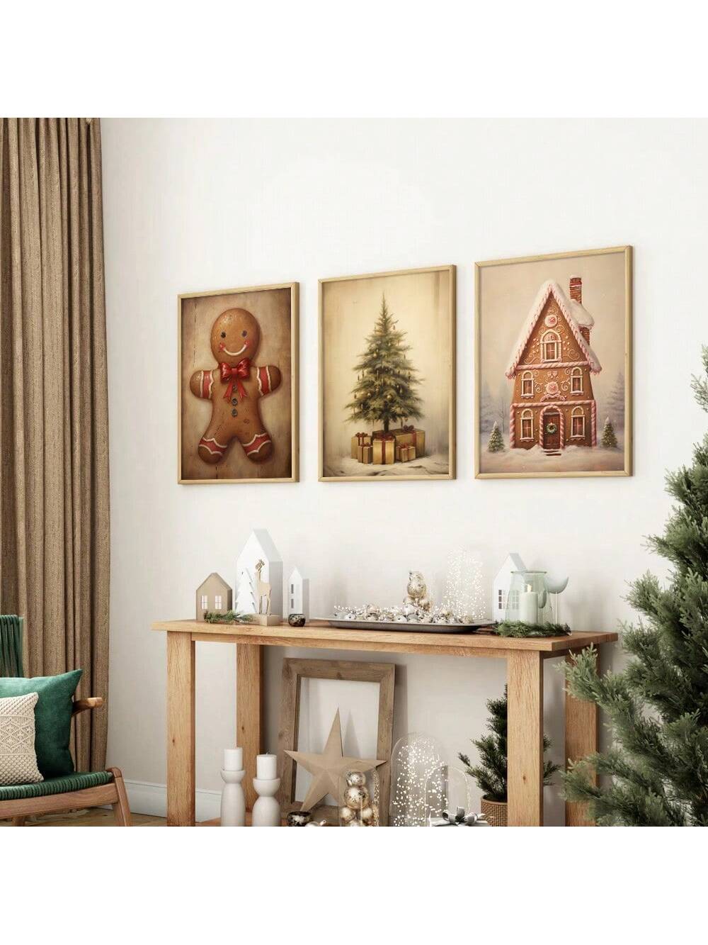 Bring nostalgic charm to your holiday décor with this vintage-inspired gingerbread house art set. Each unframed print captures the warmth and whimsy of classic Christmas traditions, featuring rustic details that complement farmhouse, cottage, and eclectic home aesthetics. Perfect for creating a gallery wall or displaying seasonally, these pieces add character without overwhelming your space. The unframed design offers flexibility—pair with your choice of frames for a personalized look that matches your exis