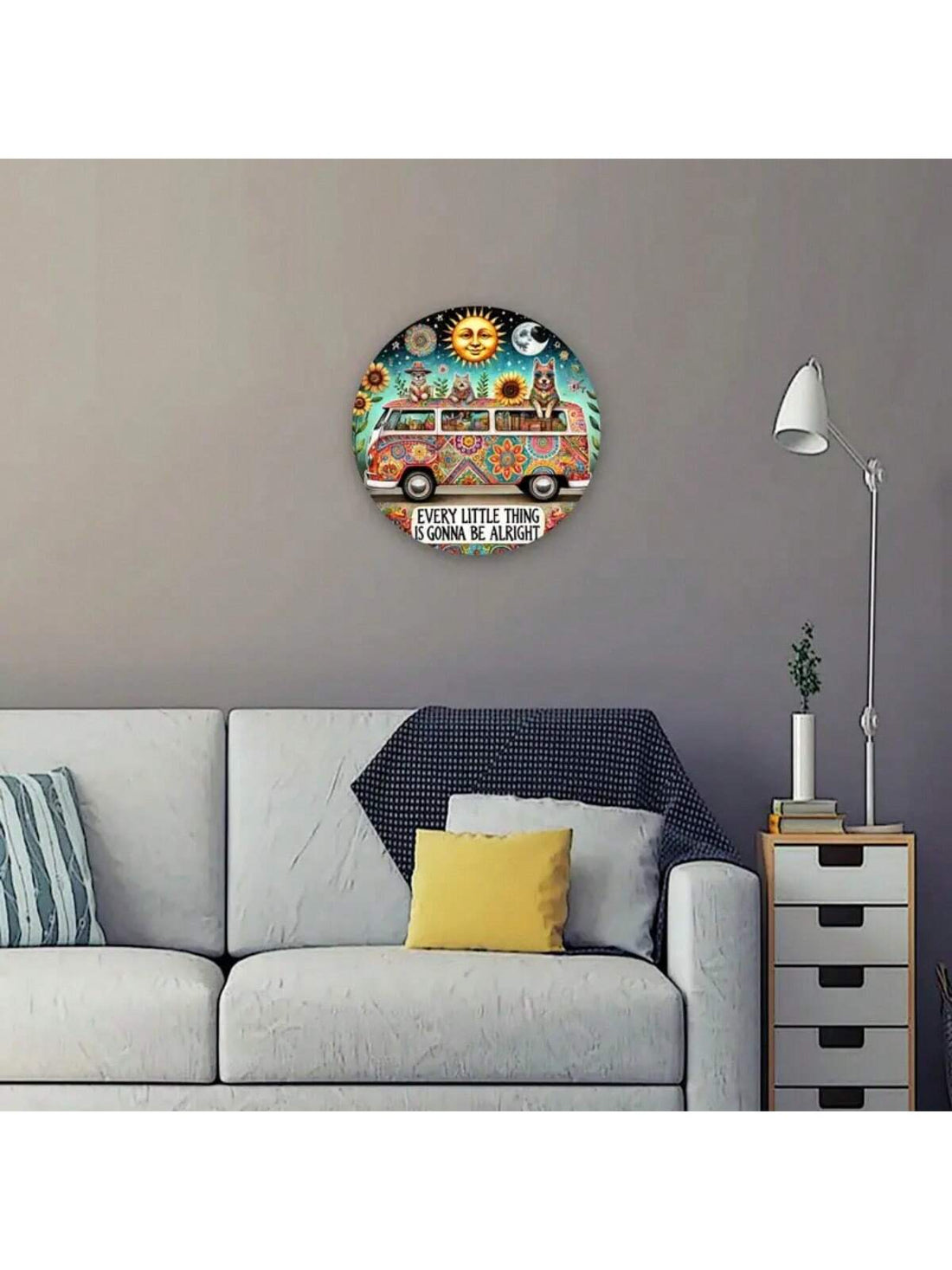 Add a touch of charm to your space with our Charming Round Metal Wall Art featuring a fun Hippie Van design and the inspiring words "Every Little Thing Is Gonna Be Alright". Perfect for home, office, or cafe décor, this versatile piece is sure to bring positivity and style to any room.