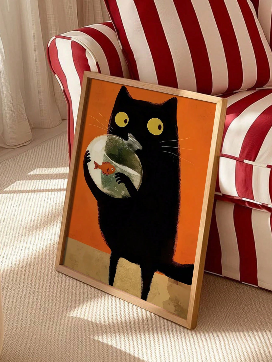 This whimsical black cat and fish canvas print offers a touch of playful charm to any home decor. With its high-quality aesthetic design, this poster adds a unique touch to your living space. Made with durable materials, this canvas print is the perfect addition to any art collection.