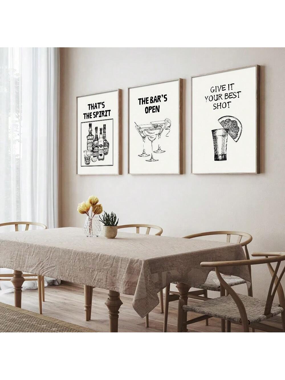 Elevate your home bar aesthetic with this curated collection of three minimalist art prints celebrating timeless cocktail culture. Each unframed piece features sophisticated black line work depicting retro tequila and wine imagery, perfect for creating a gallery-style display above your bar cart or beverage station.