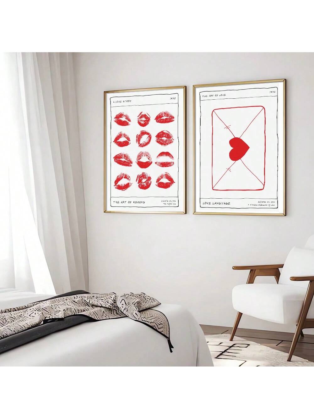 Upgrade your home decor with this elegant Set of 2 Unframed Romantic Love Letter &amp; Kissing Lips Posters. Made with high-quality canvas, these aesthetic pieces add warmth and intimacy to any room. Perfect for any romantic at heart, this set makes for a perfect gift or a beautiful addition to your cozy home.