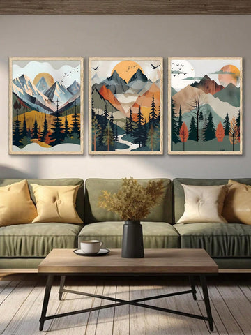 Serene Nature Framed Canvas Art: Modern Mountain & Forest Landscape Decor