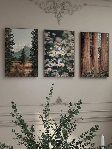 Serene Nature Escape: Vintage Canvas Triptych of White Chamomile & Mountain Forest