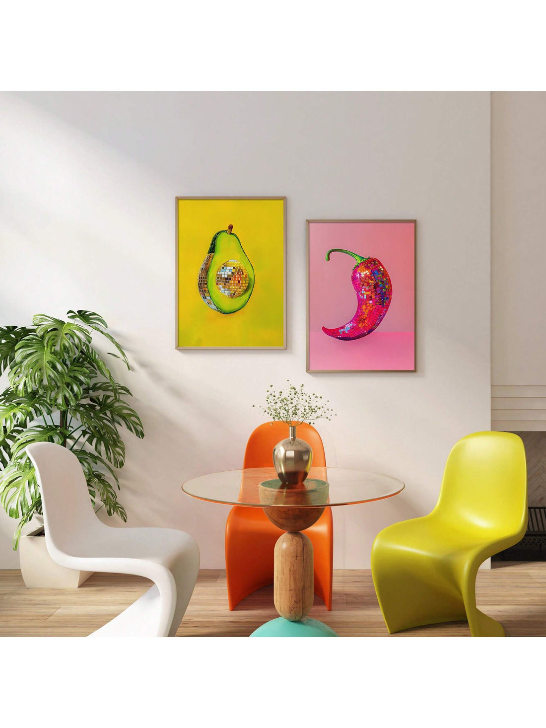 Elevate your kitchen or dorm space with these Maximalist Food Illustration Canvas Prints featuring a vibrant disco ball chili pepper and avocado design. Crafted to add a bold, artistic flair, this wall art combines playful imagery with vivid colors, enhancing any room's aesthetic. Perfect for food lovers and art enthusiasts alike, these prints bring a unique, contemporary touch that sparks conversation and livens up your decor. Durable and visually striking, they are an expert choice for those seeking to bl