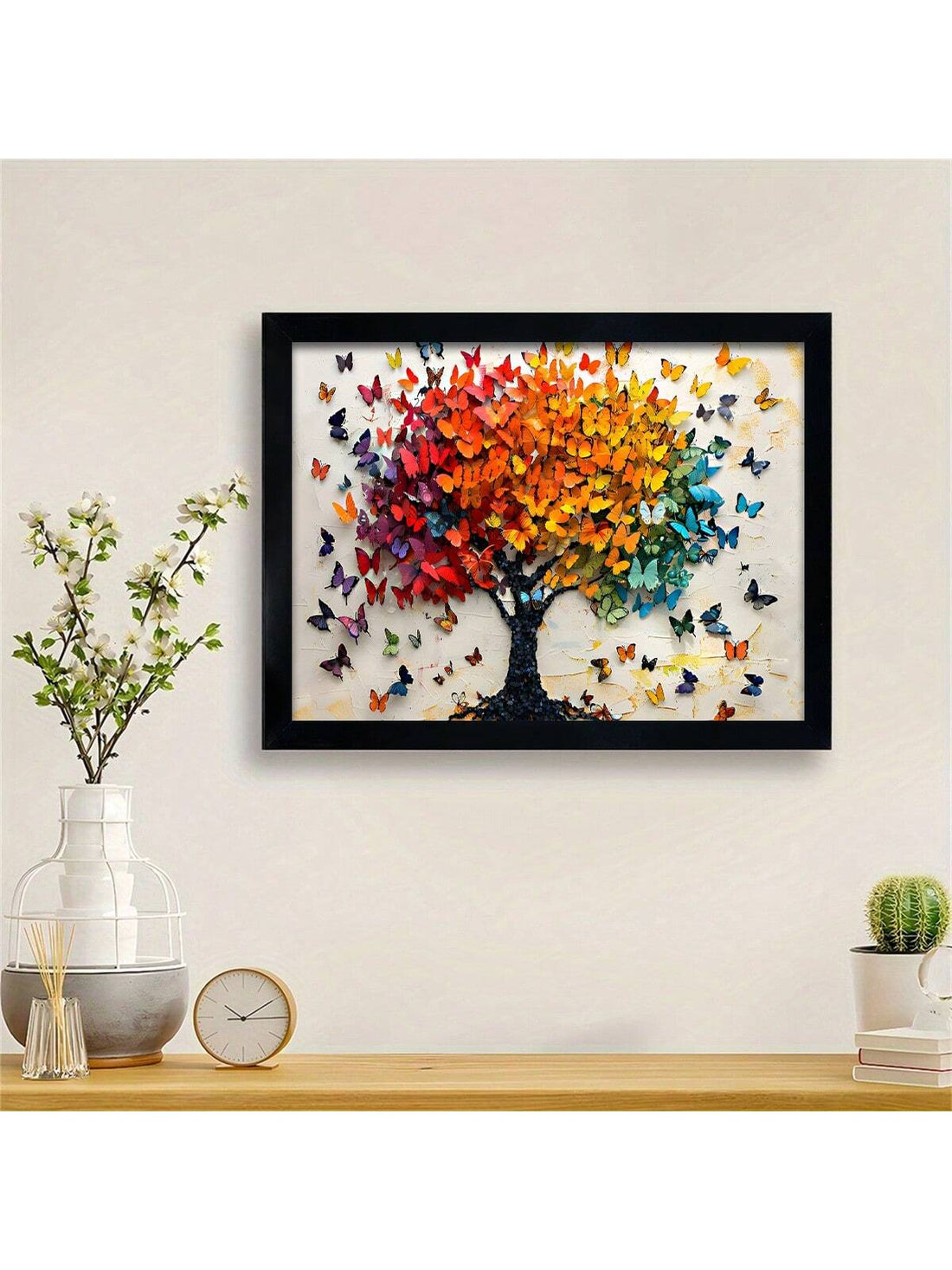 This Colorful Butterfly Tree Canvas Print is the perfect addition to any home decor, featuring a vibrant and intricate design that will bring life to any room. The sleek black wooden frame adds a touch of elegance, making it a great gift option for any occasion. Bring nature into your home with this beautiful canvas print.