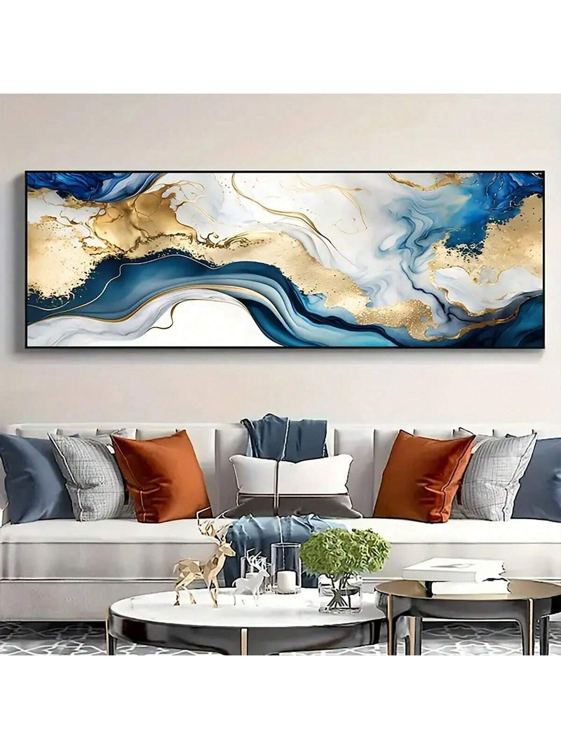 Modern Glam Oil Art Print Set - Elegant Abstract Golden Foil & Blue Marble Canvas for Chic Home Decor