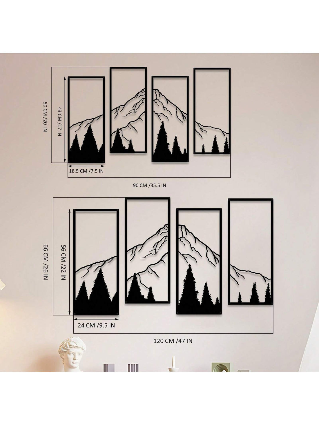 Transform your living space with the Rustic Minimalism 4-Piece Metal Wall Art Set. Immerse yourself in the beauty of nature with stunning mountain and forest imagery, crafted from high-quality metal. Enhance the atmosphere of any room with a touch of rustic charm.