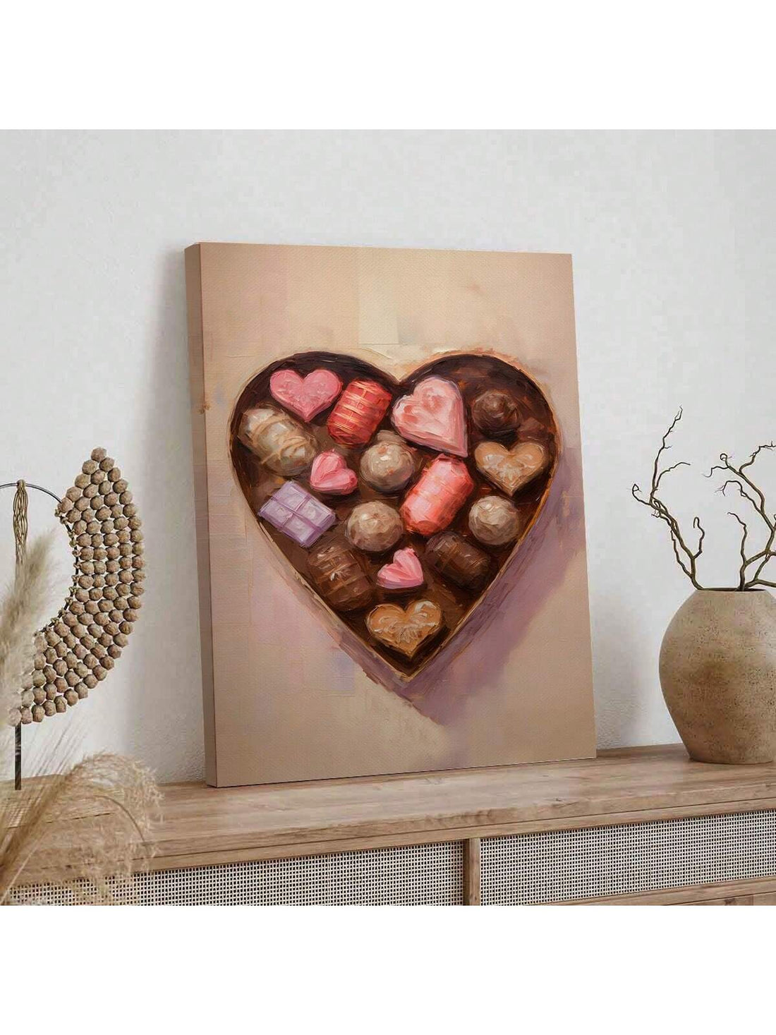 Add a touch of sweetness to your Valentine's Day decor with our Sweet Love heart-shaped chocolate box wall art. Made from high-quality materials, this piece is a perfect addition to any room. Its unique design and intricate details are sure to capture the hearts of any chocolate lover.