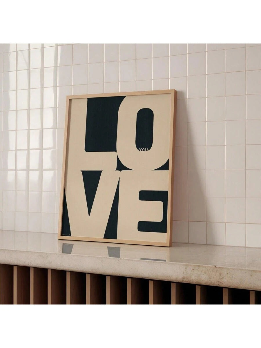 Geometric LOVE typography artwork against a white tiled wall