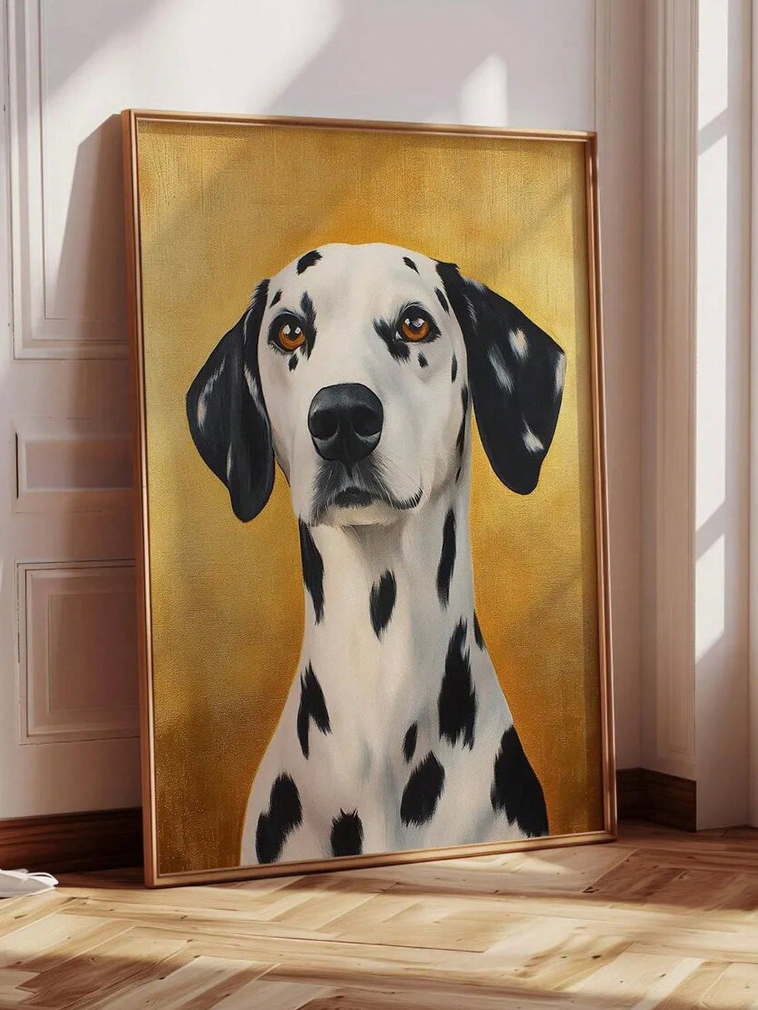 Transform your space with this charming retro spotted dog wall art. Expertly crafted on an unframed vintage gold canvas, this painting adds a touch of vintage charm to any room. Let your love of dogs shine through in a unique and stylish way.