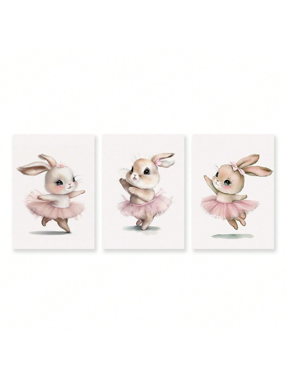 This 3-piece abstract canvas wall art showcases a whimsical rabbit dance, bringing a touch of style and playfulness to your home decor. With vibrant colors, high-quality materials, and a unique design, this art piece is perfect for any room in your home. Enhance your space with this charming and eye-catching wall art.