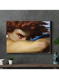 Vintage-style portrait canvas print in an industrial room with a wood table