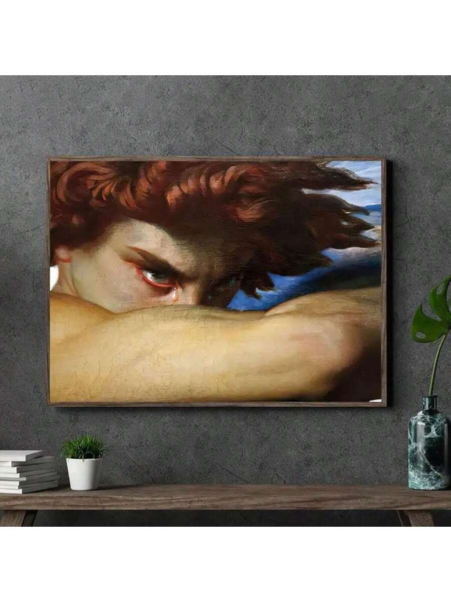 Vintage-style portrait canvas print in an industrial room with a wood table