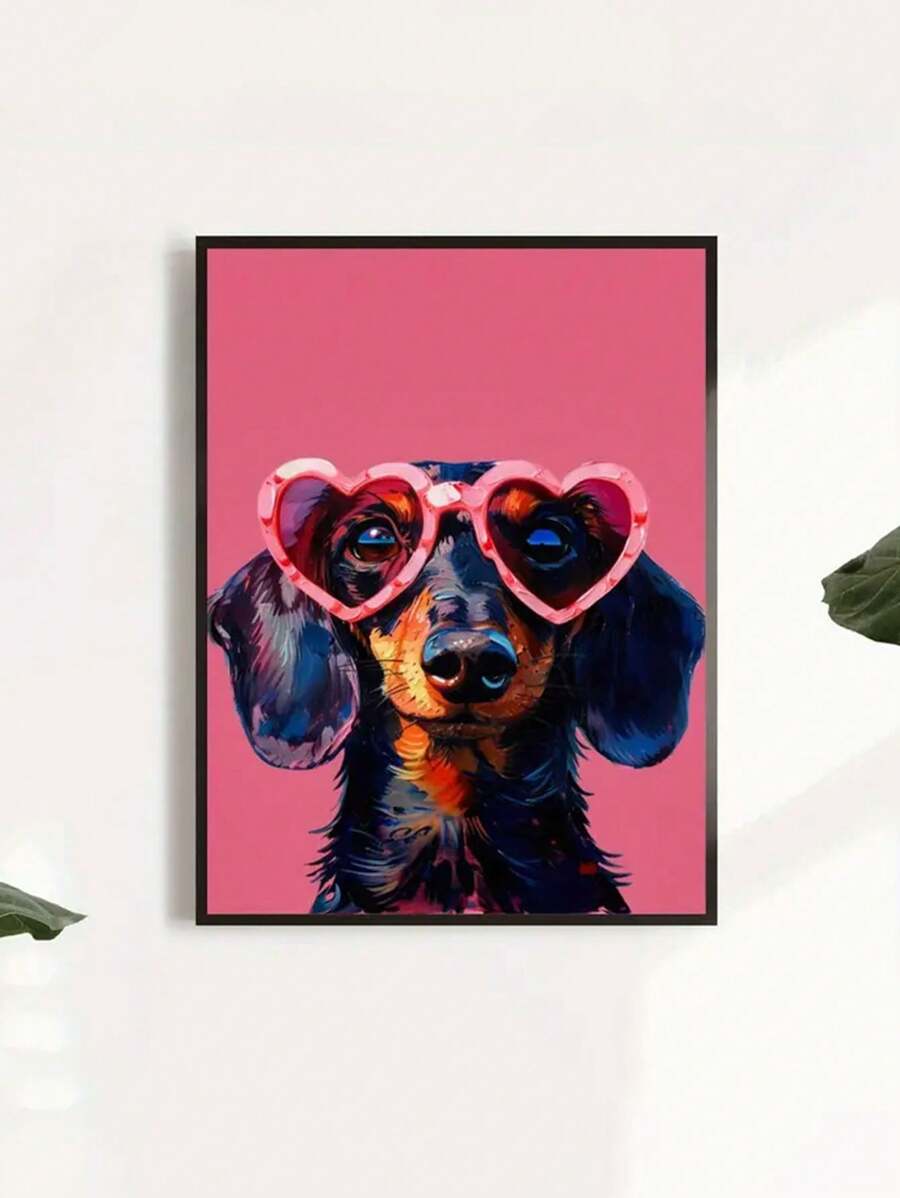 Framed dachshund with heart sunglasses on pink background against white wall