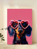 Close-up dachshund print with pink heart sunglasses leaning on shelf