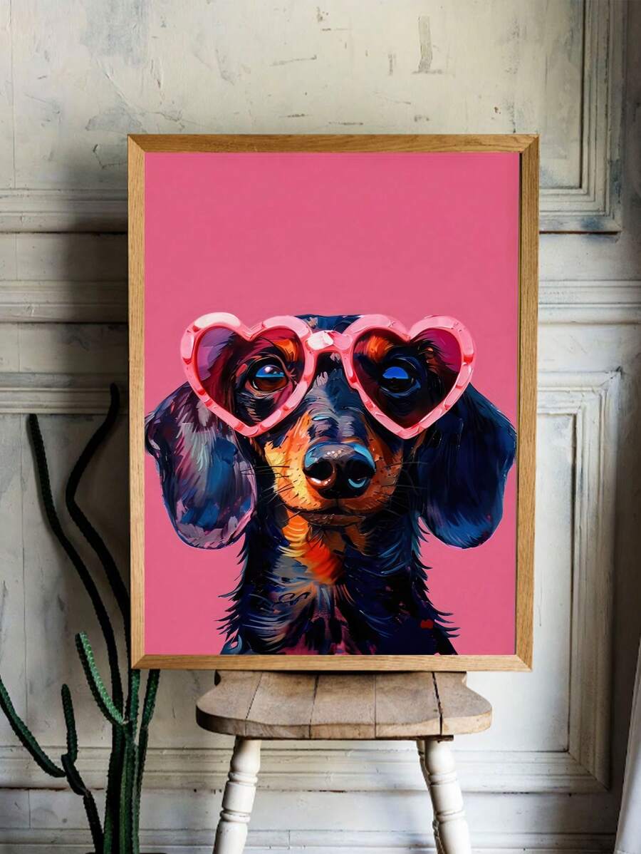 Framed dachshund portrait wearing pink heart sunglasses on hot pink background