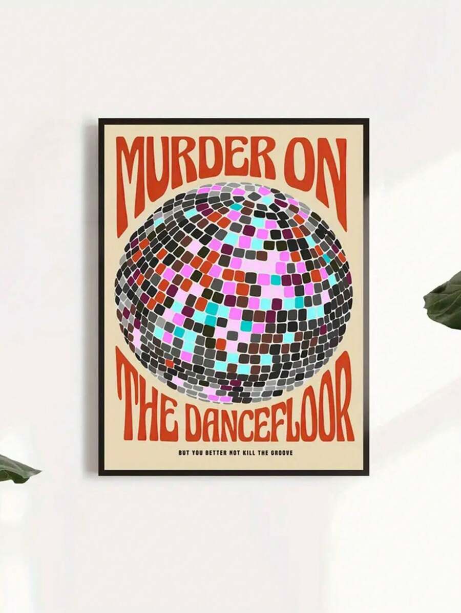 Retro dance poster living room mockup with colorful disco ball typography and black frame
