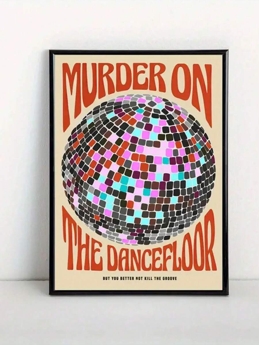 Disco ball wall art close product view with red orange retro typography and groove text