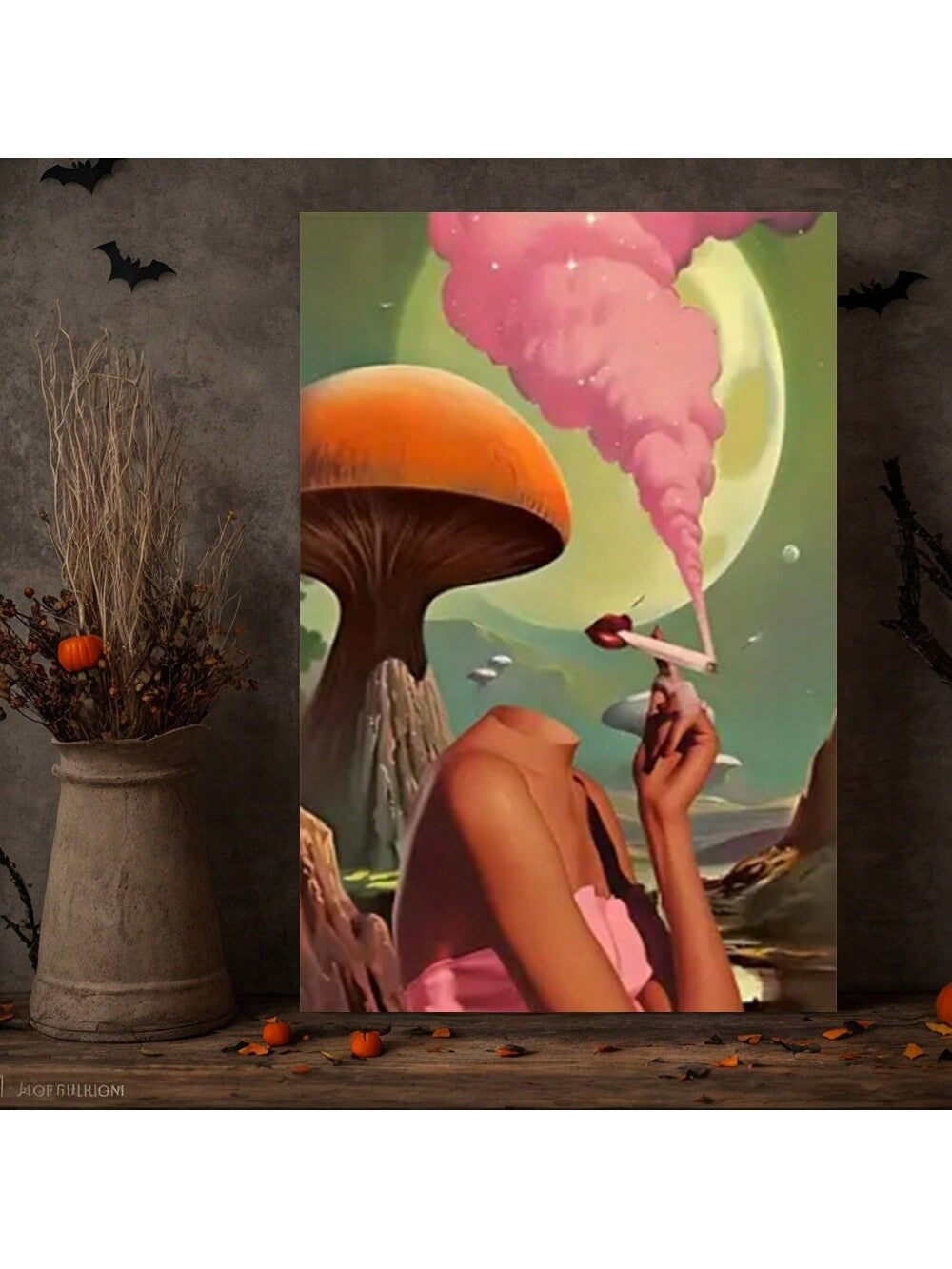 Retro Mushroom & Moon Woman Canvas Art - 70s Inspired Surreal Decor for Aesthetic Spaces