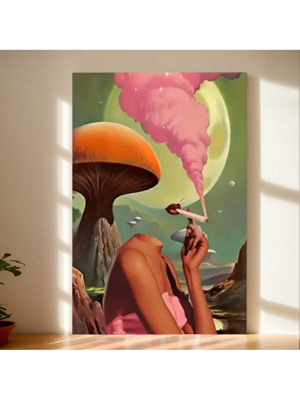 Retro Mushroom & Moon Woman Canvas Art - 70s Inspired Surreal Decor for Aesthetic Spaces