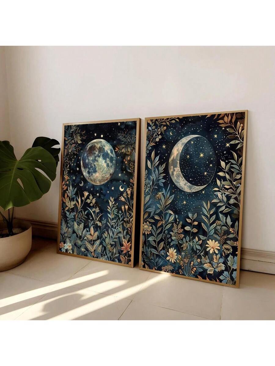 Expertly crafted, this Boho Botanical &amp; Celestial Art Set includes 2 vintage unframed moon posters that will add a touch of modern elegance to any home decor. Featuring intricate botanical and celestial designs, these posters are the perfect addition to your space. Enhance your walls with a vintage touch.