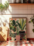 Indoor jungle canvas with patterned planters styled on a kitchen counter