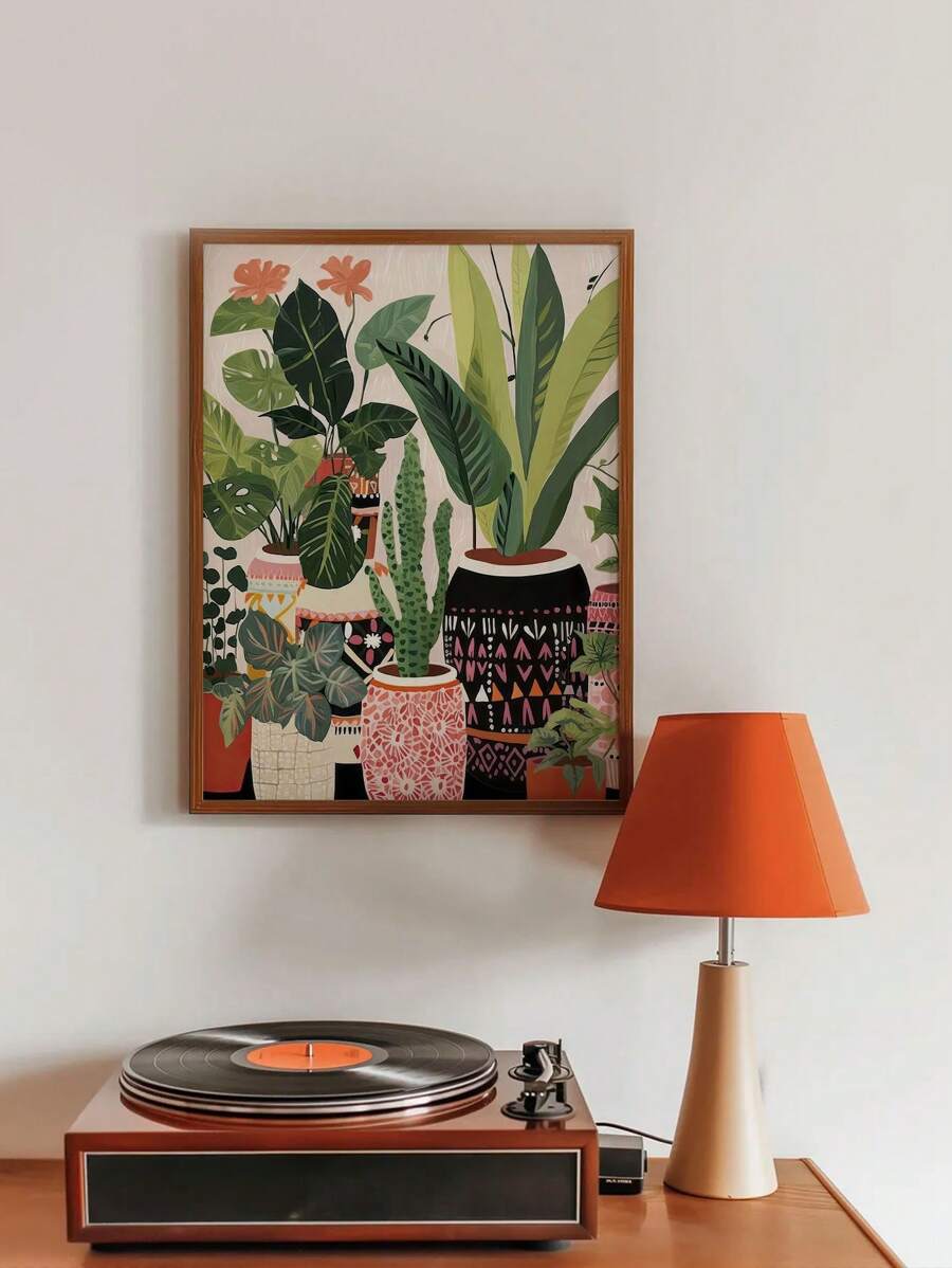 Colorful indoor plant print above record player in retro living room